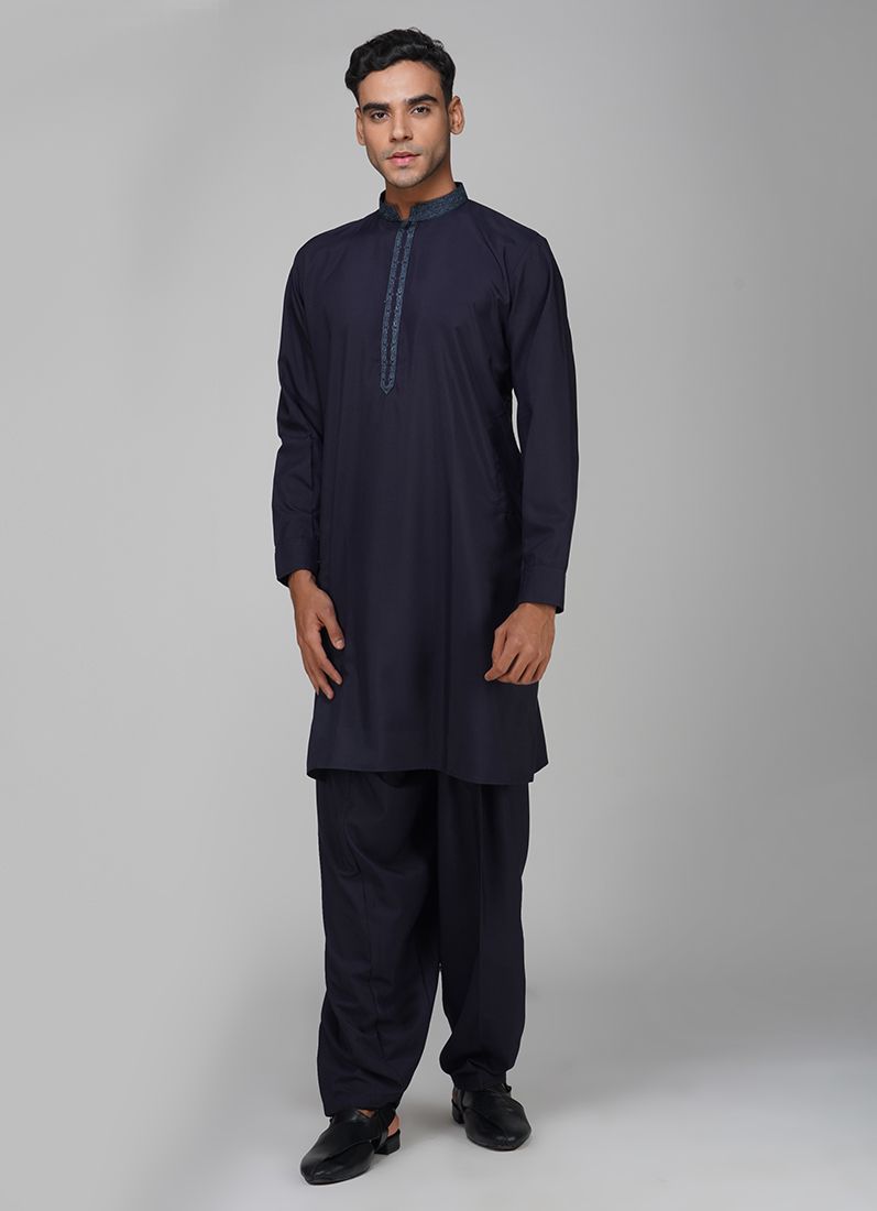 Buy Men's Navy Blue Polyester Embroidered Kurta Set