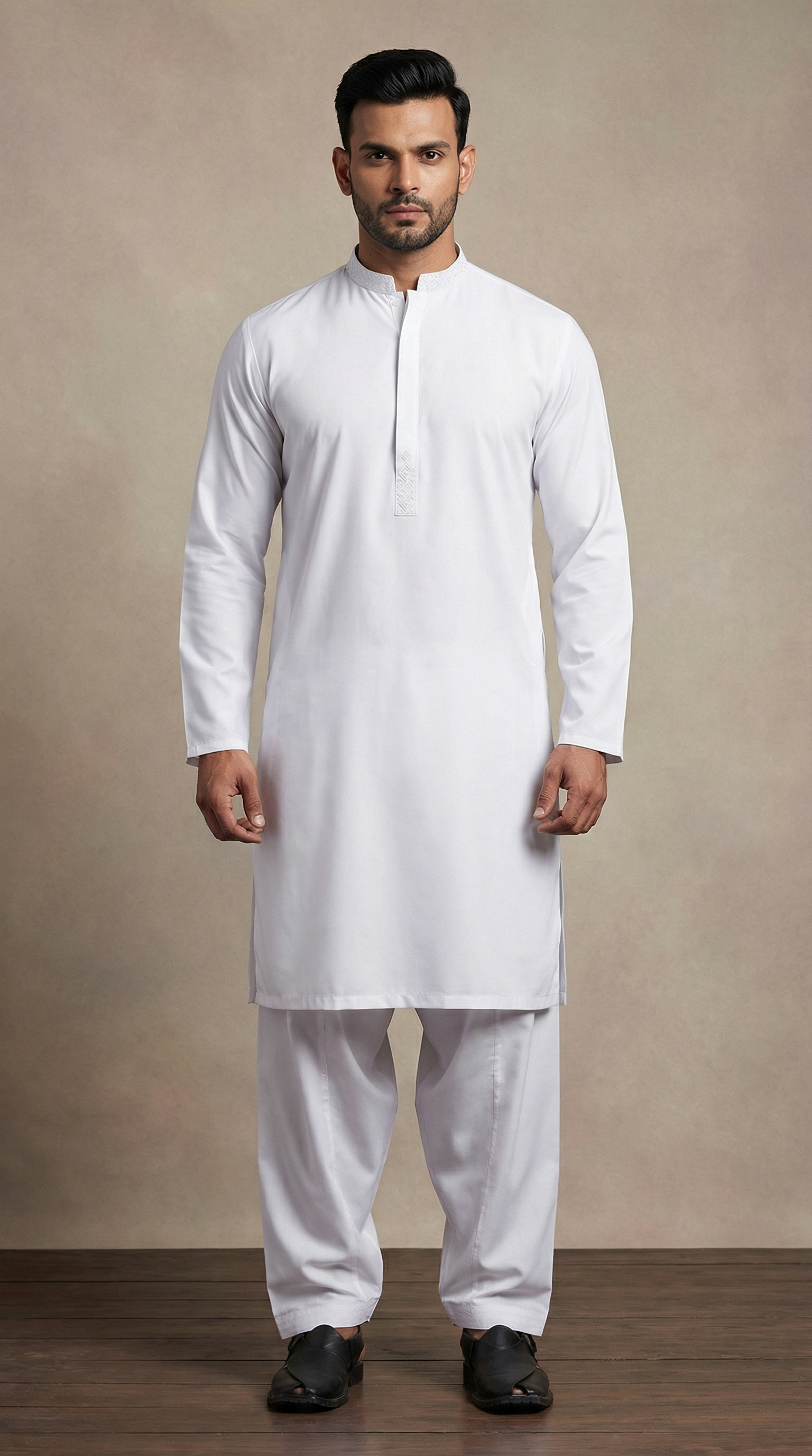 Men's White Polyester Resham Embroidered Kurta Set