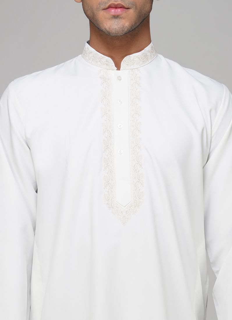 Buy Men's Cream Polyester Resham Embroidered Kurta Set
