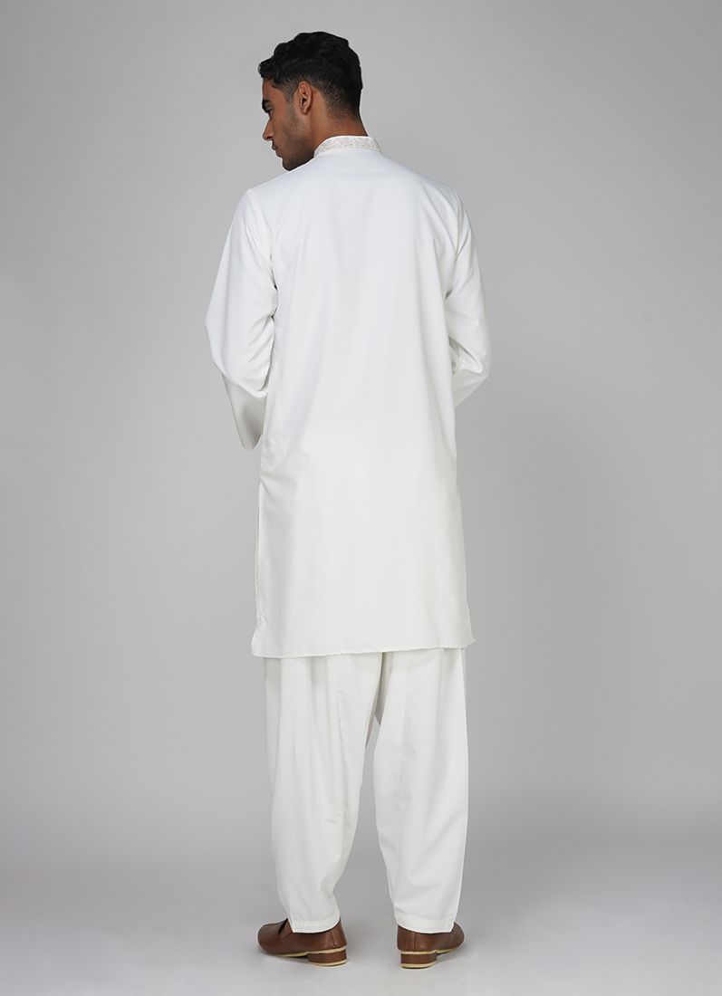 Buy Men's Cream Polyester Resham Embroidered Kurta Set