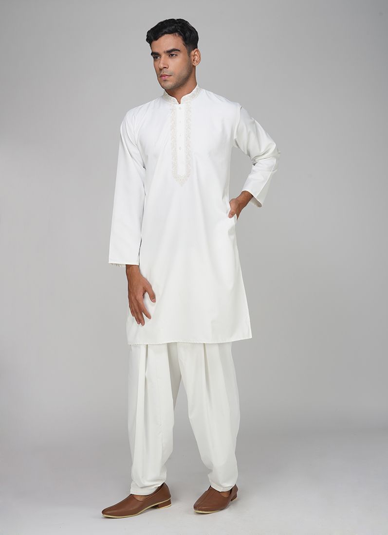 Buy Men's Cream Polyester Resham Embroidered Kurta Set