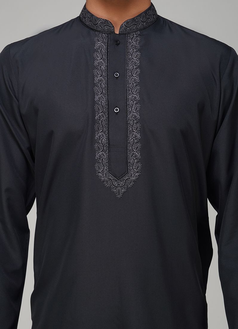 Buy Men's Black Polyester Resham Embroidered Kurta Set
