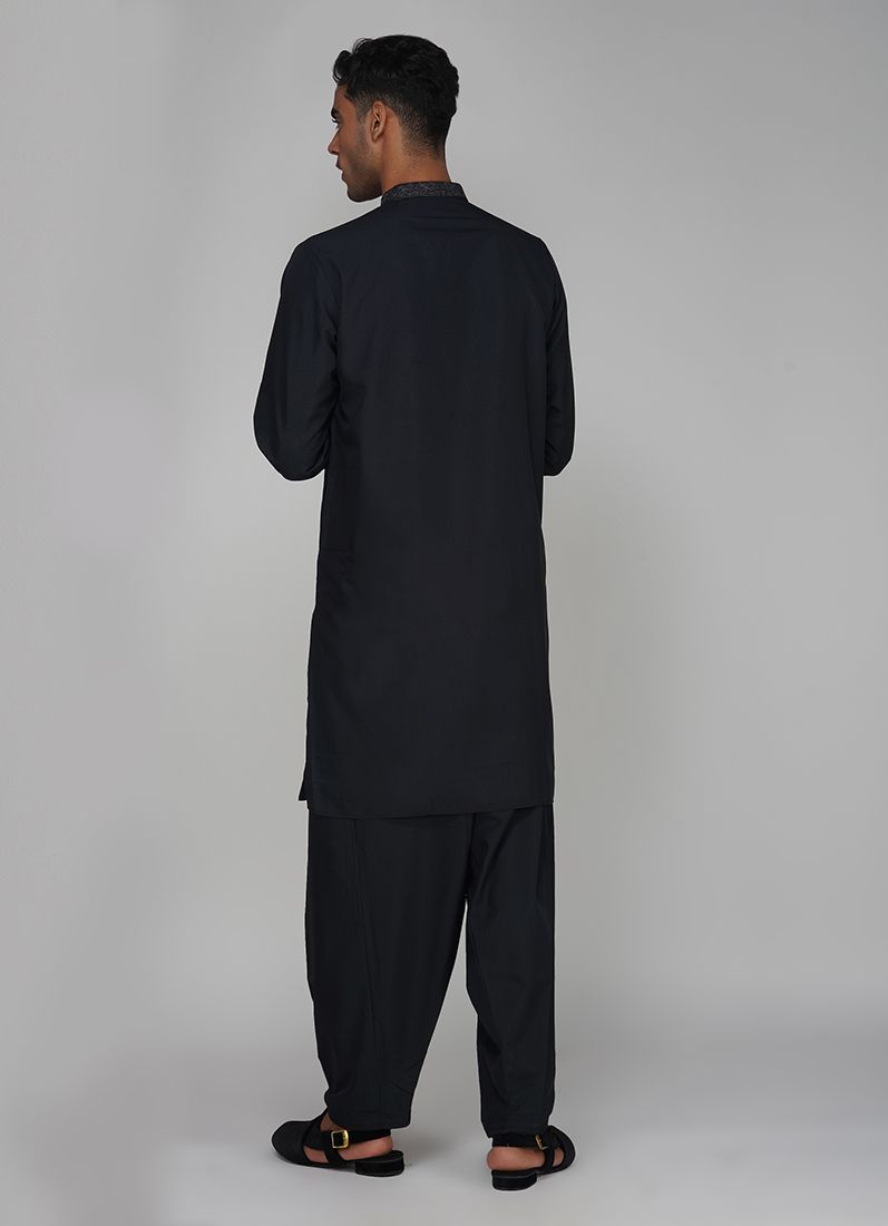 Buy Men's Black Polyester Resham Embroidered Kurta Set