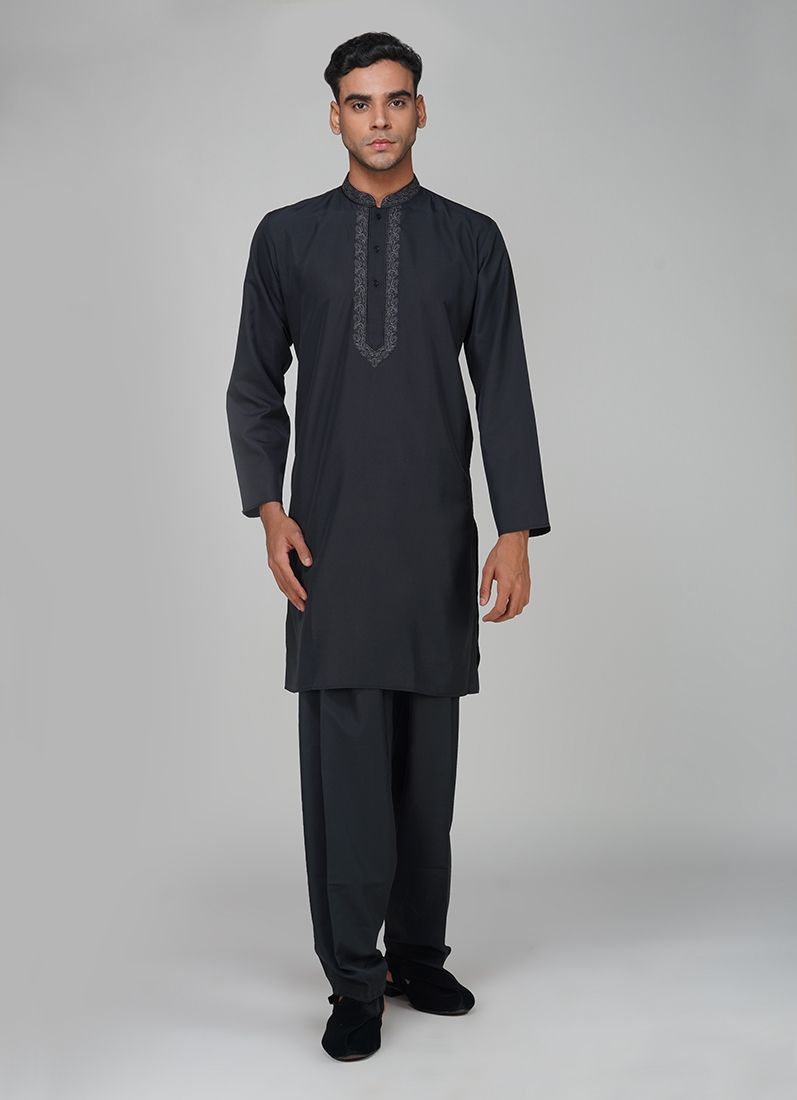 Buy Men's Black Polyester Resham Embroidered Kurta Set