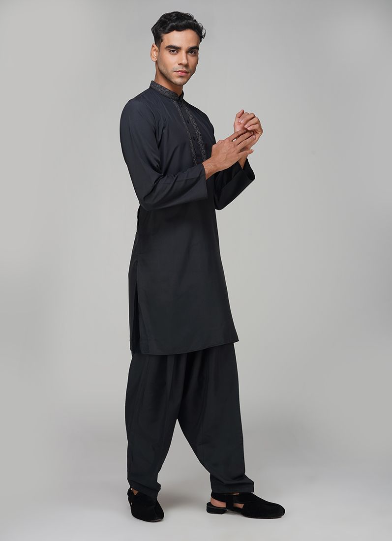 Buy Men's Black Polyester Resham Embroidered Kurta Set