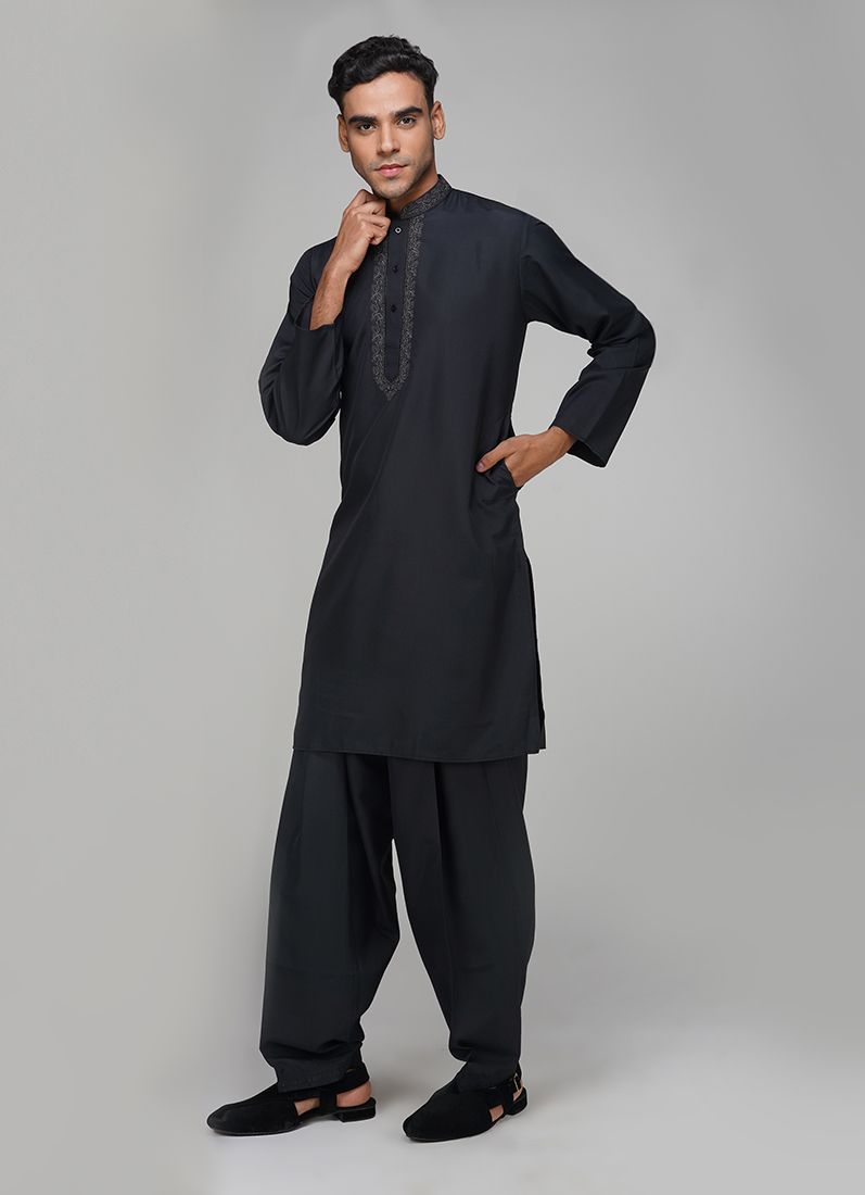 Buy Men's Black Polyester Resham Embroidered Kurta Set