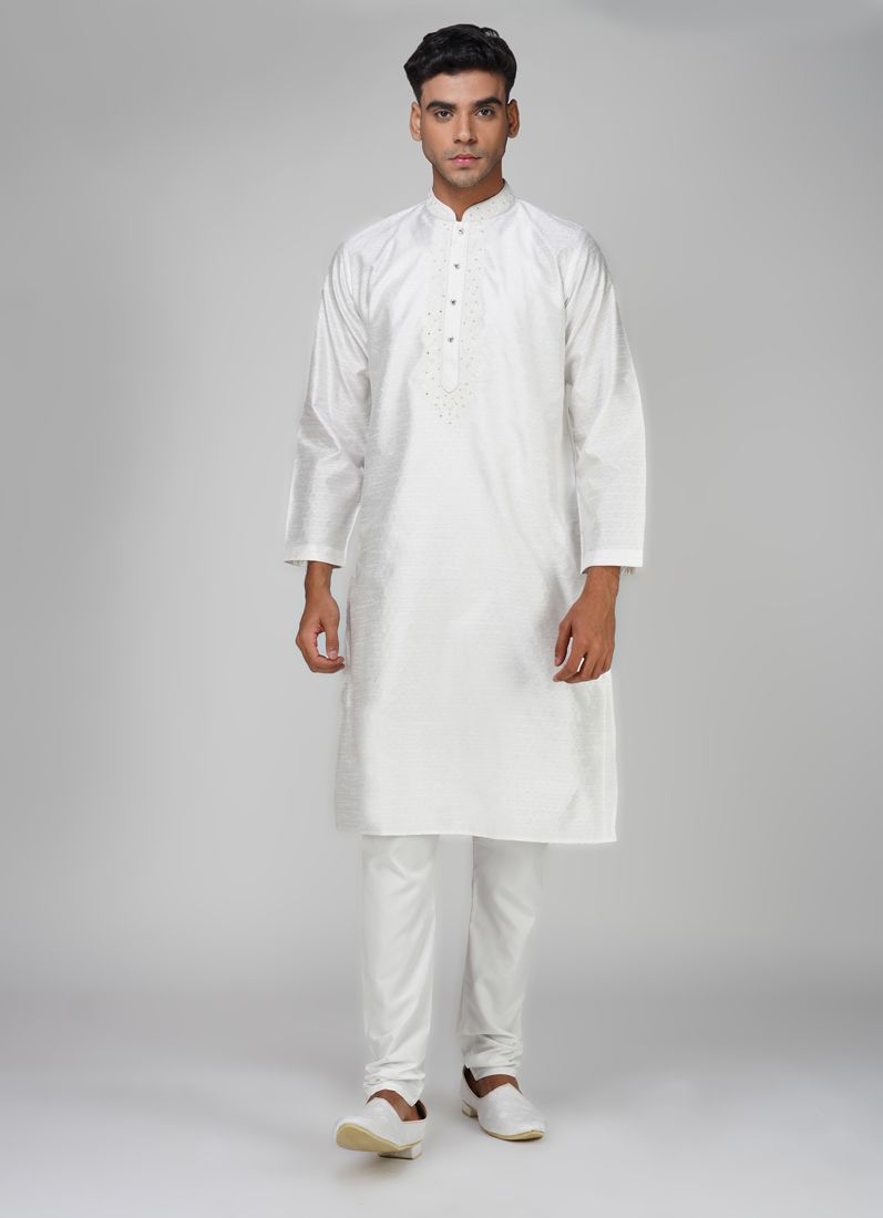 Buy Men's White Jacquard Mirror Work Kurta Set