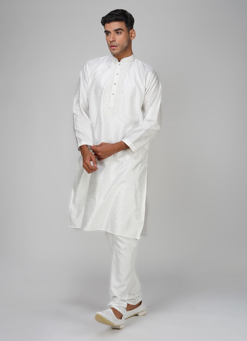 Buy Men's White Jacquard Mirror Work Kurta Set