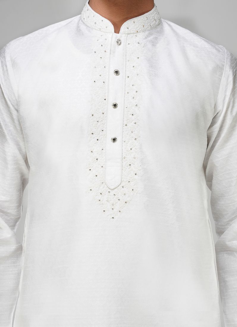 Buy Men's White Jacquard Mirror Work Kurta Set