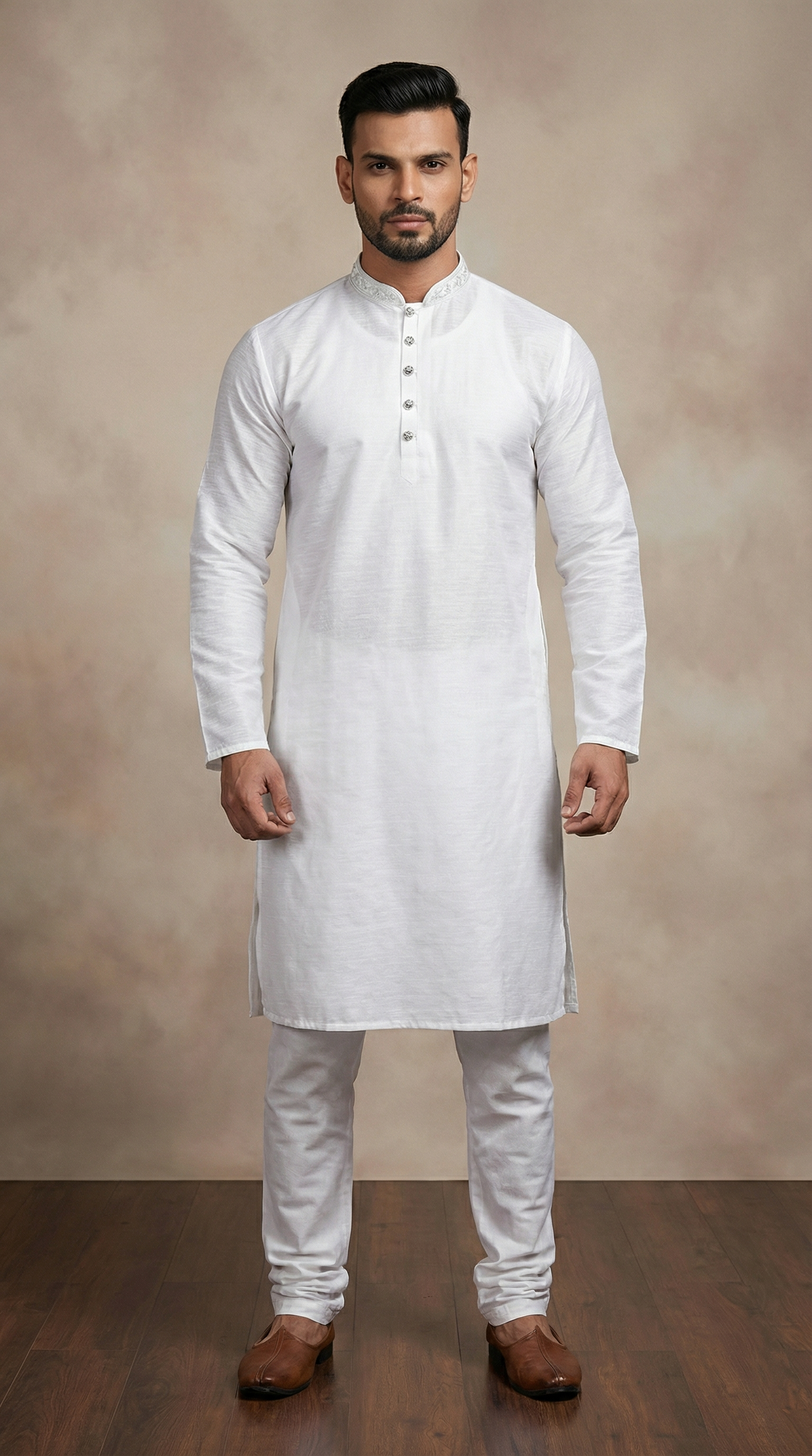 Men's White Jacquard Silver Work Kurta Set