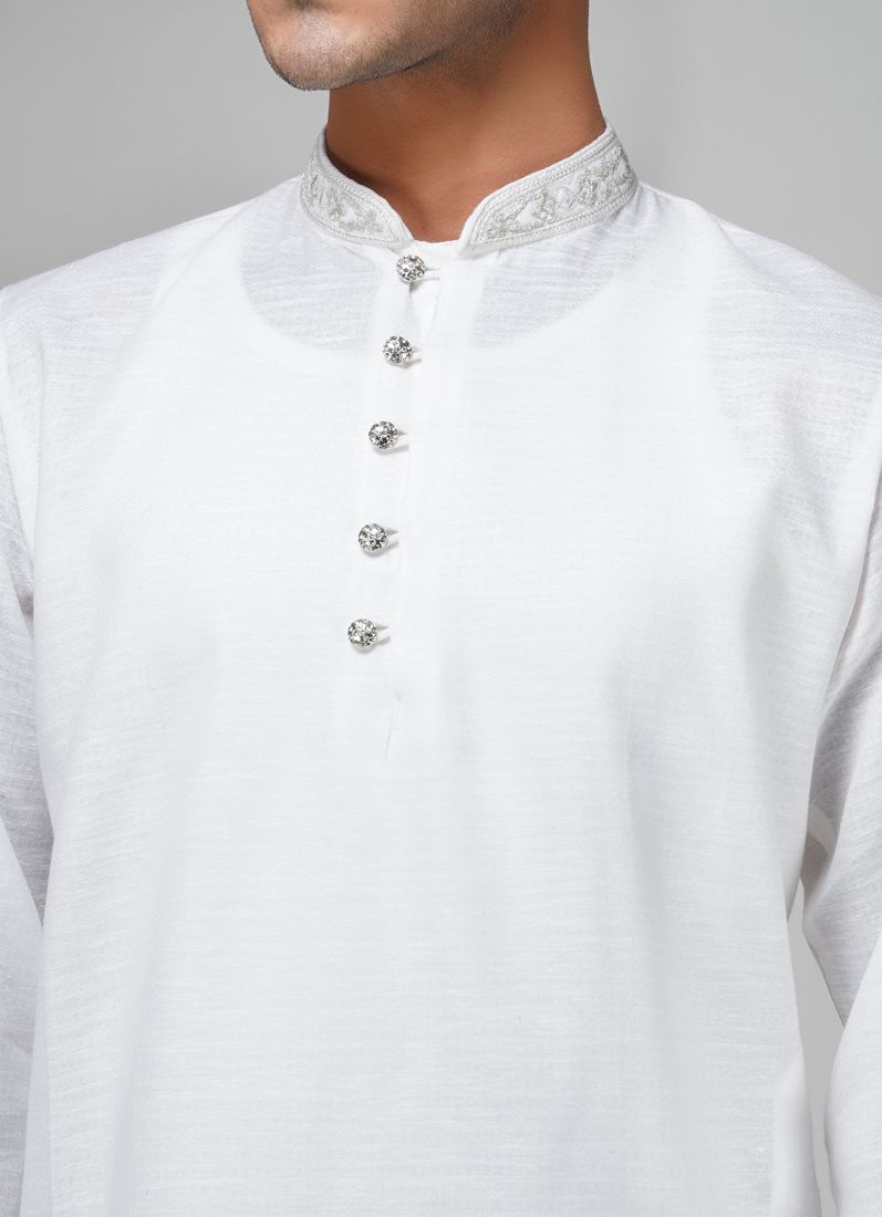 Buy Men's White Jacquard Silver Work Kurta Set
