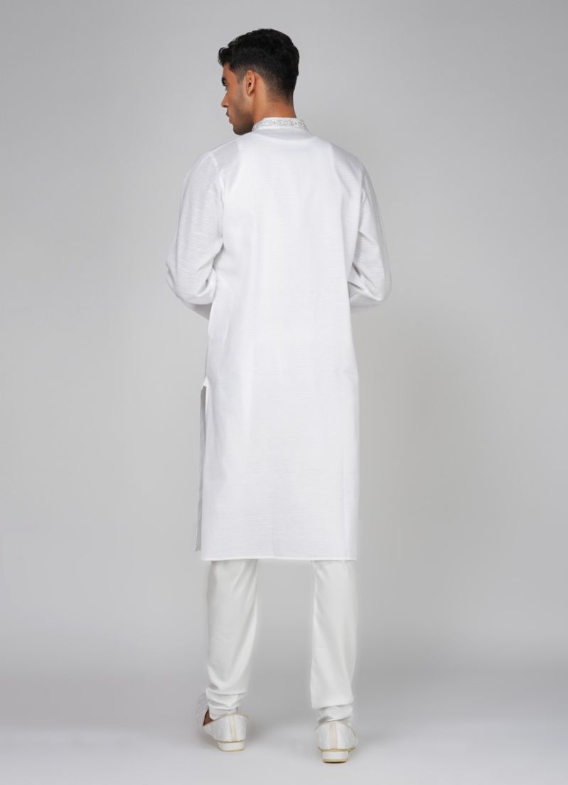 Buy Men's White Jacquard Silver Work Kurta Set