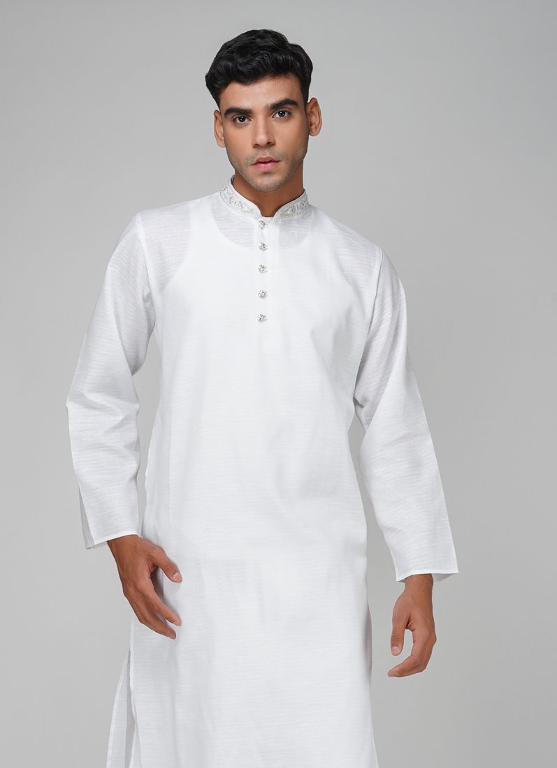 Buy Men's White Jacquard Silver Work Kurta Set