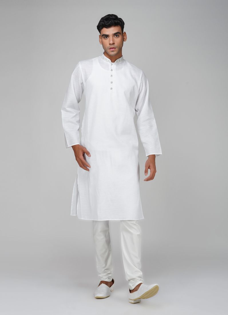 Buy Men's White Jacquard Silver Work Kurta Set