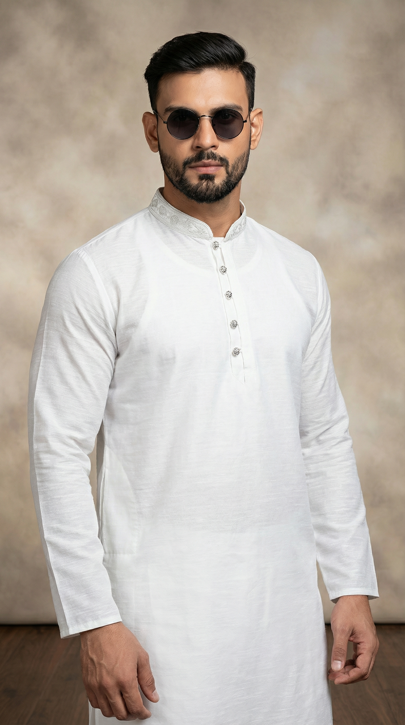 Men's White Jacquard Silver Work Kurta Set