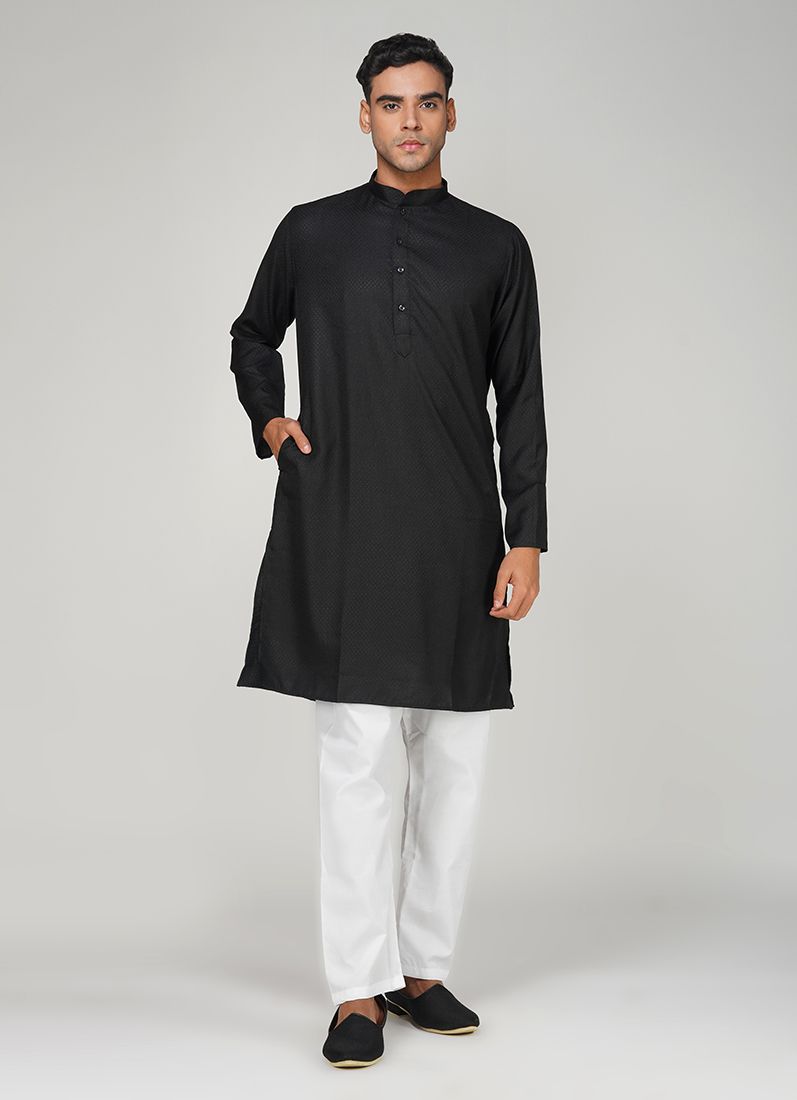 Buy Men's Black Dobby Kurta Pajama Set