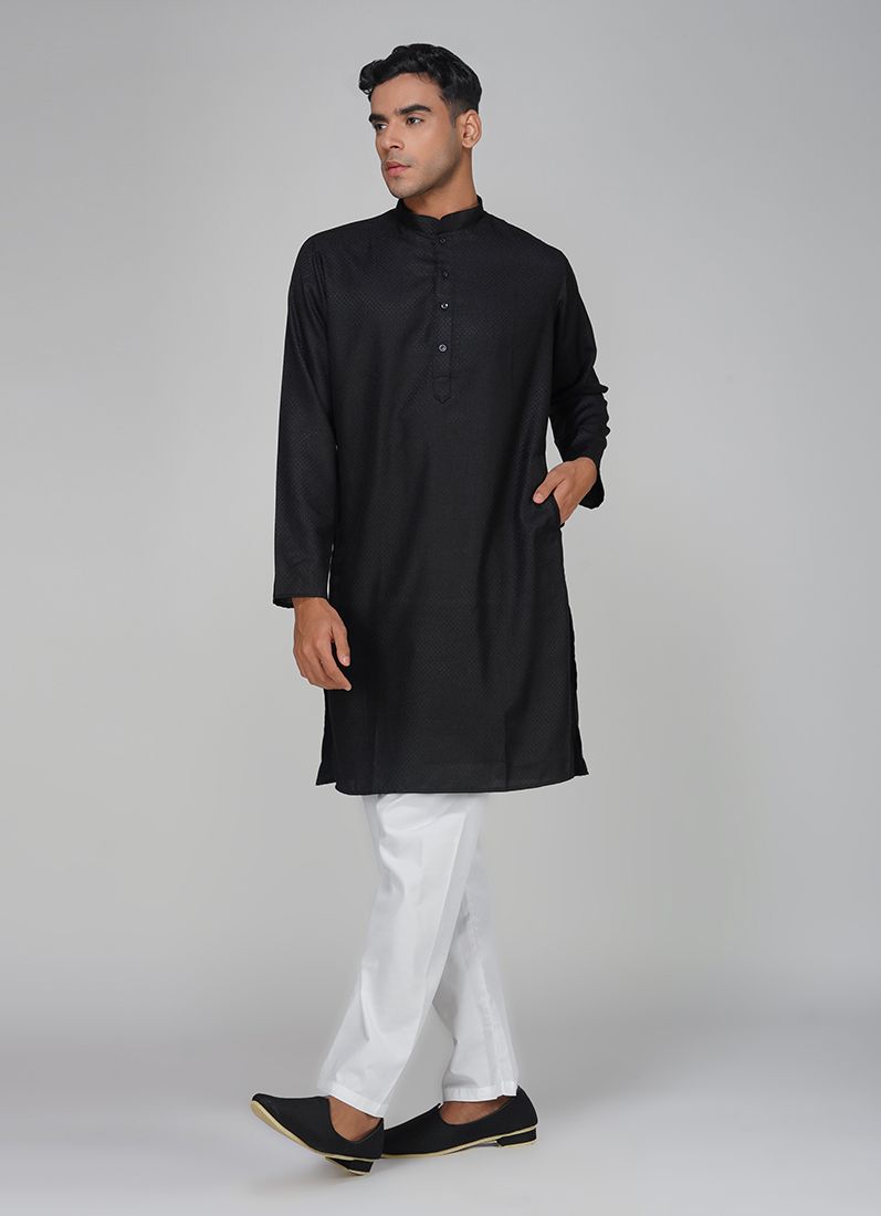 Buy Men's Black Dobby Kurta Pajama Set