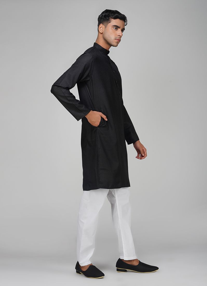 Buy Men's Black Dobby Kurta Pajama Set