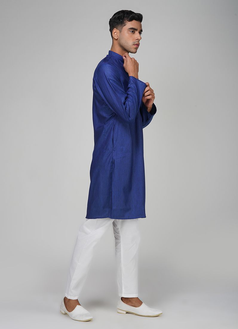 Buy Men's Navy Blue Dobby Kurta Pajama Set