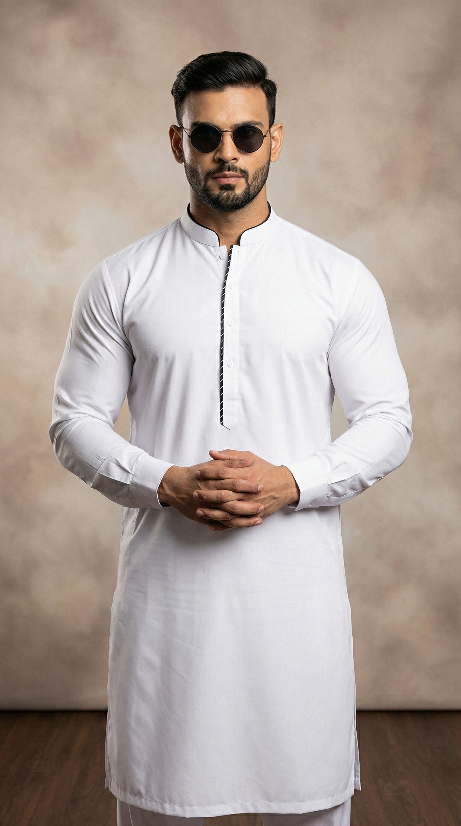 Men's White Band Collar Shalwar Kameez Set