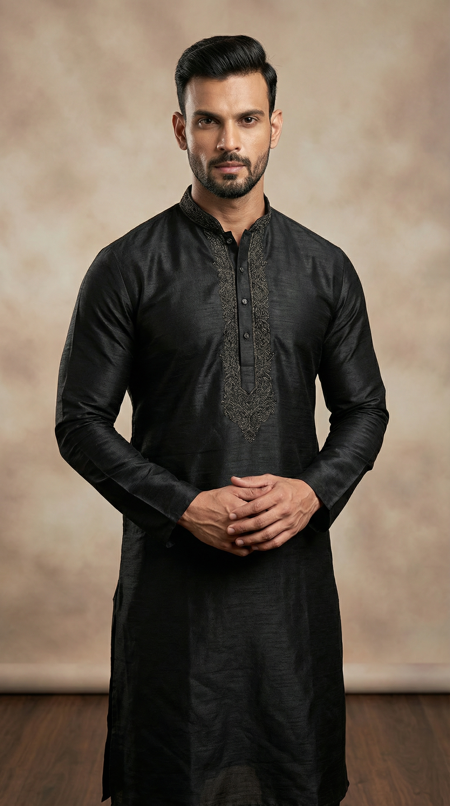 Men's Black Jaquard Embroidered Pajama Set