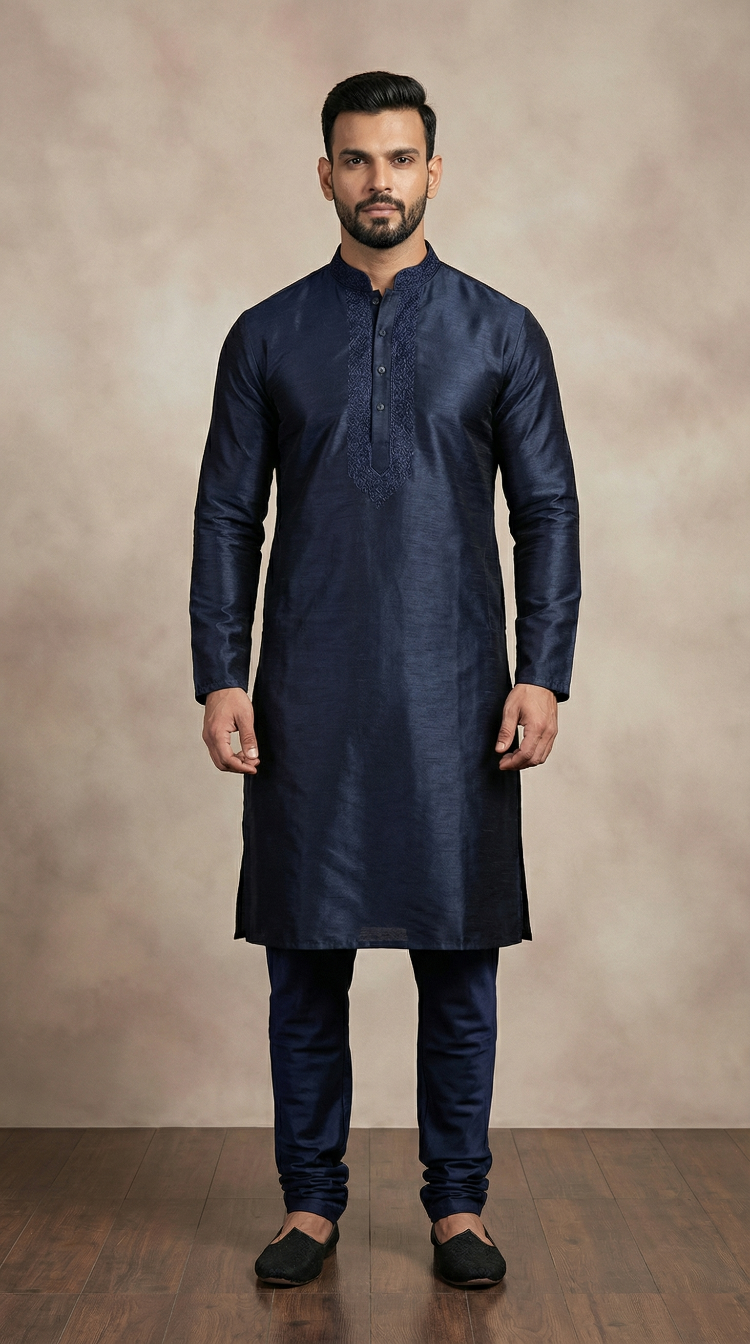 Men's Navy Blue Jacquard Embroidered Payjama Set