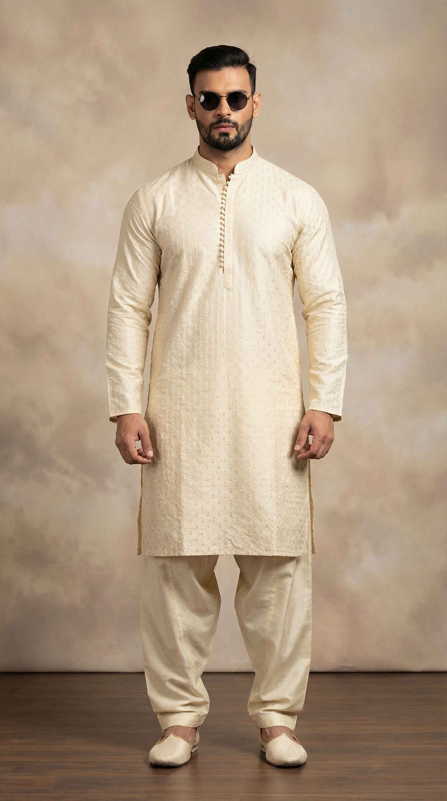 Men’s Beige Embroidered Shalwar Kameez – Luxury Wear