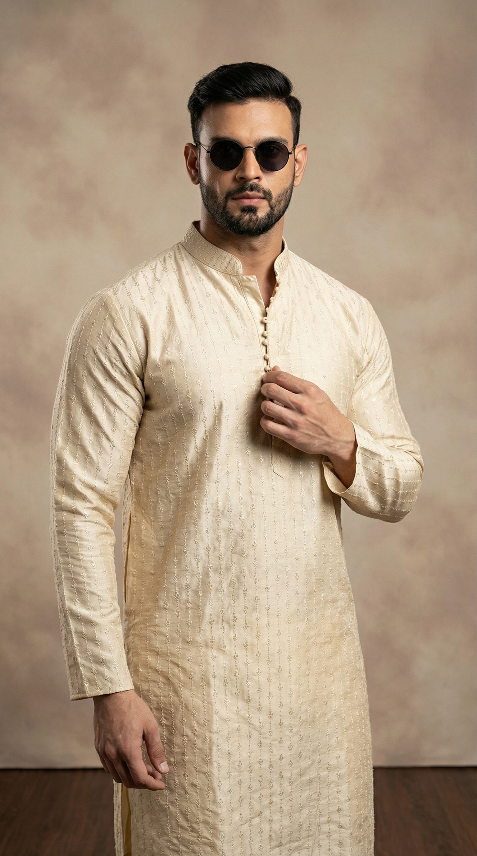 Men’s Beige Embroidered Shalwar Kameez – Luxury Wear