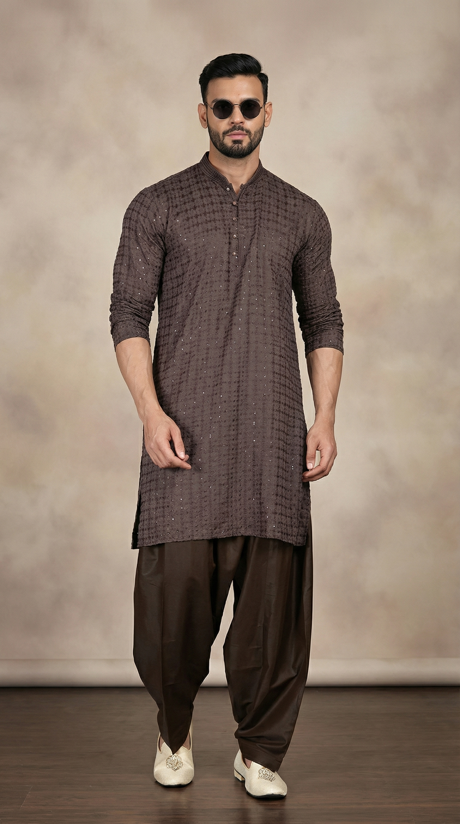 Men’s Brown Chikankari Embroidered Shalwar Kameez
