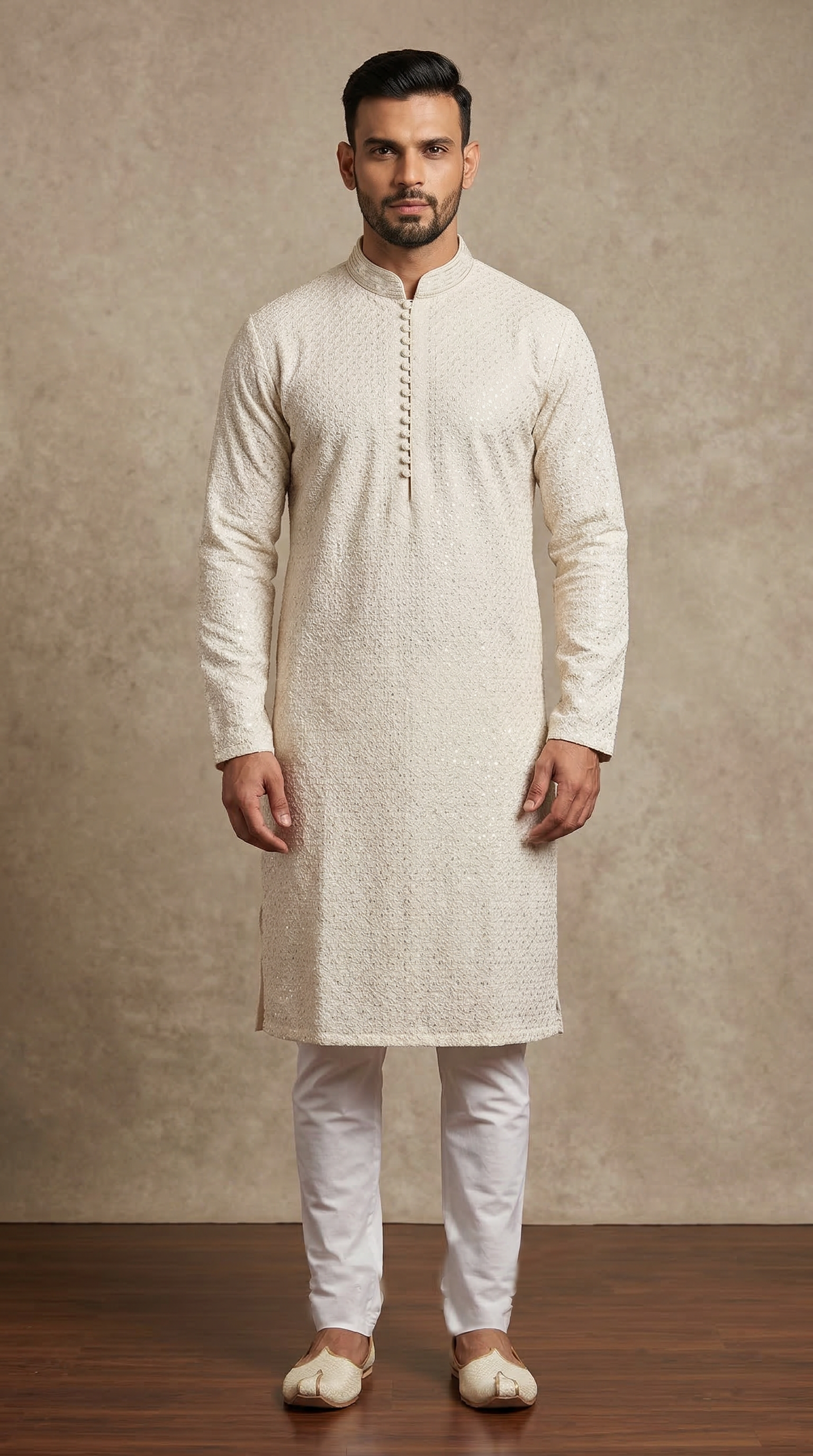 Men's White Elegant Sequin Embellished Pyjama Set