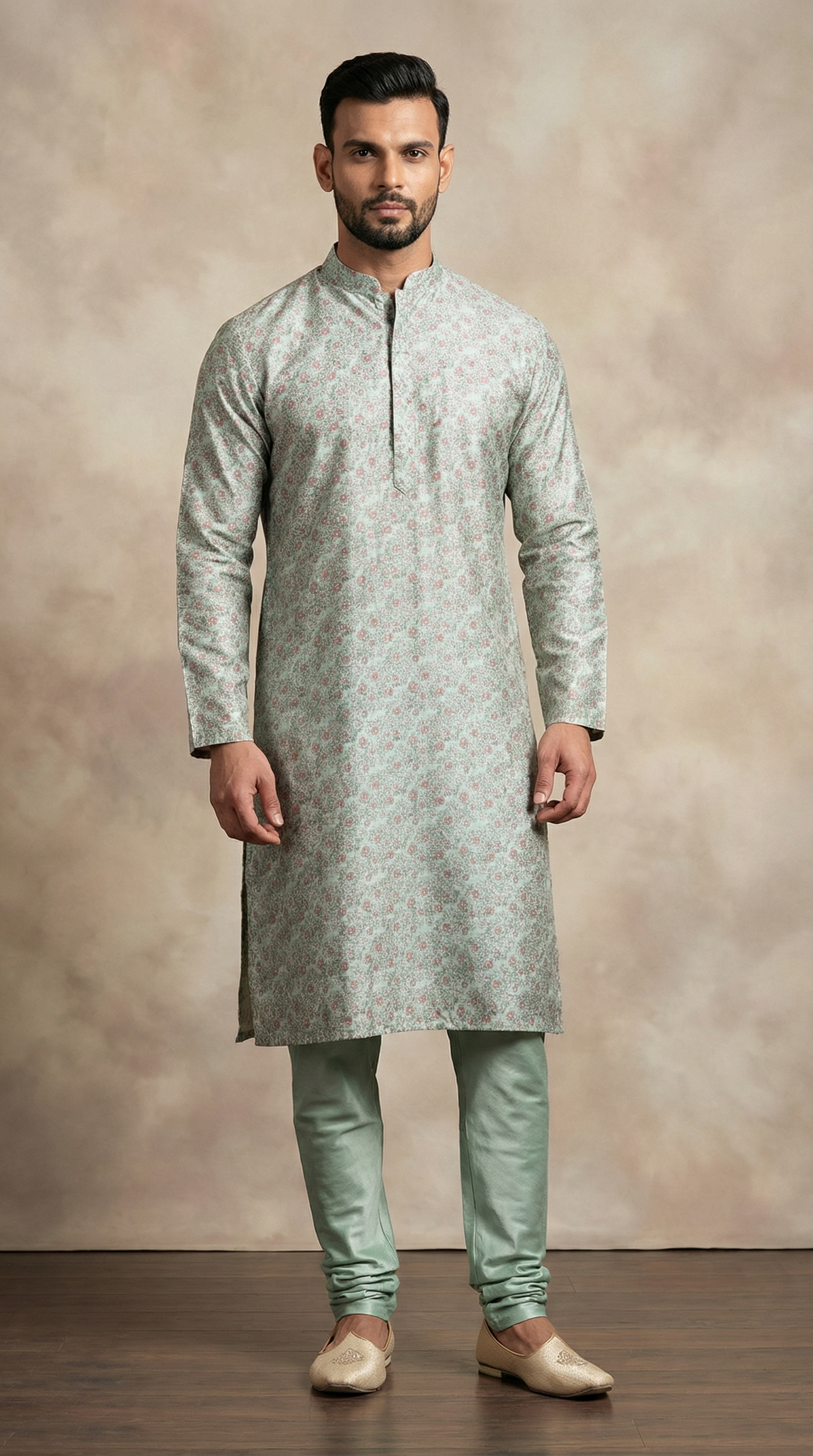 Men's Rose Green Floral Printed Kurta Pyjama Set