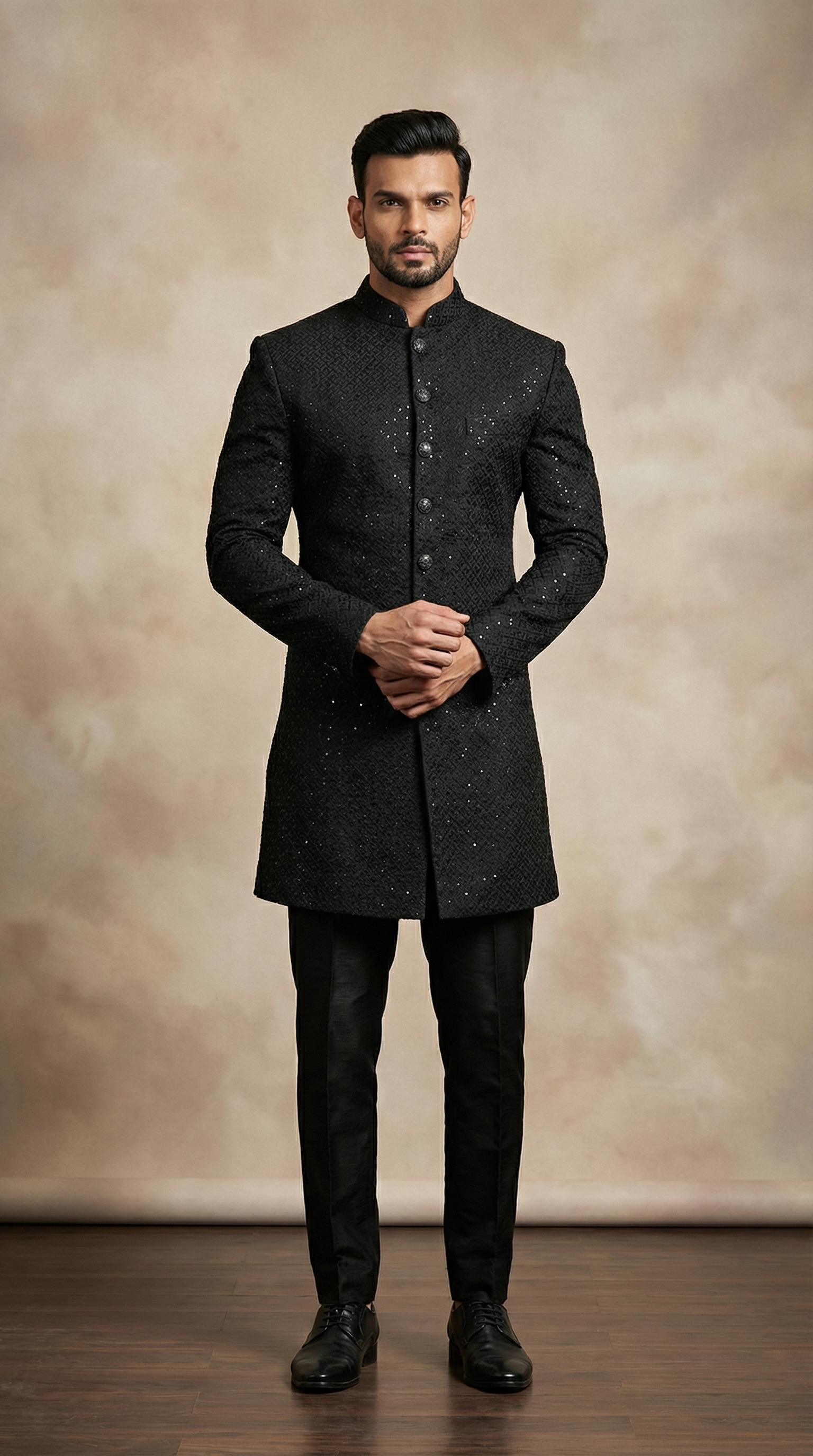 Men's Black Brocade Embroidered Semi Sherwani