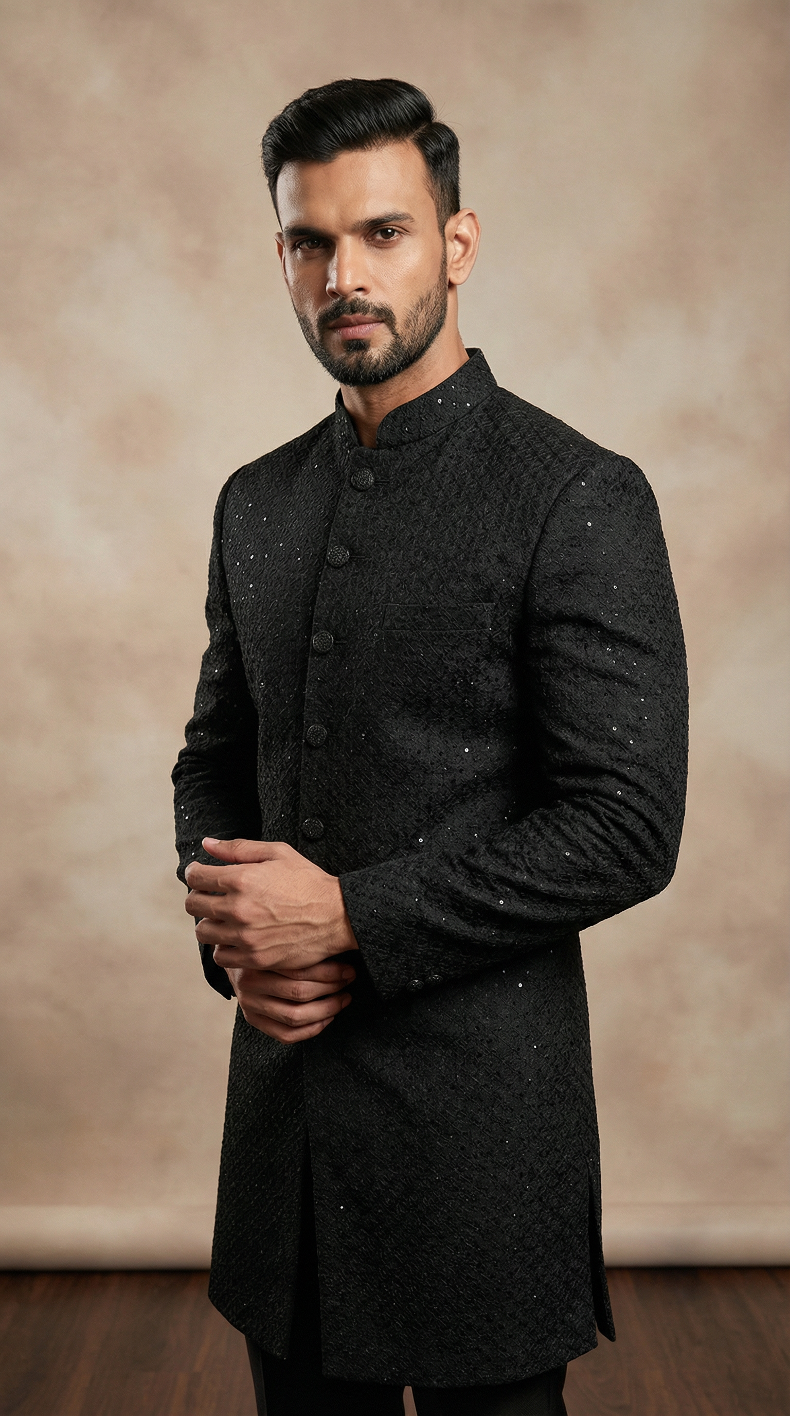 Men's Black Brocade Embroidered Semi Sherwani