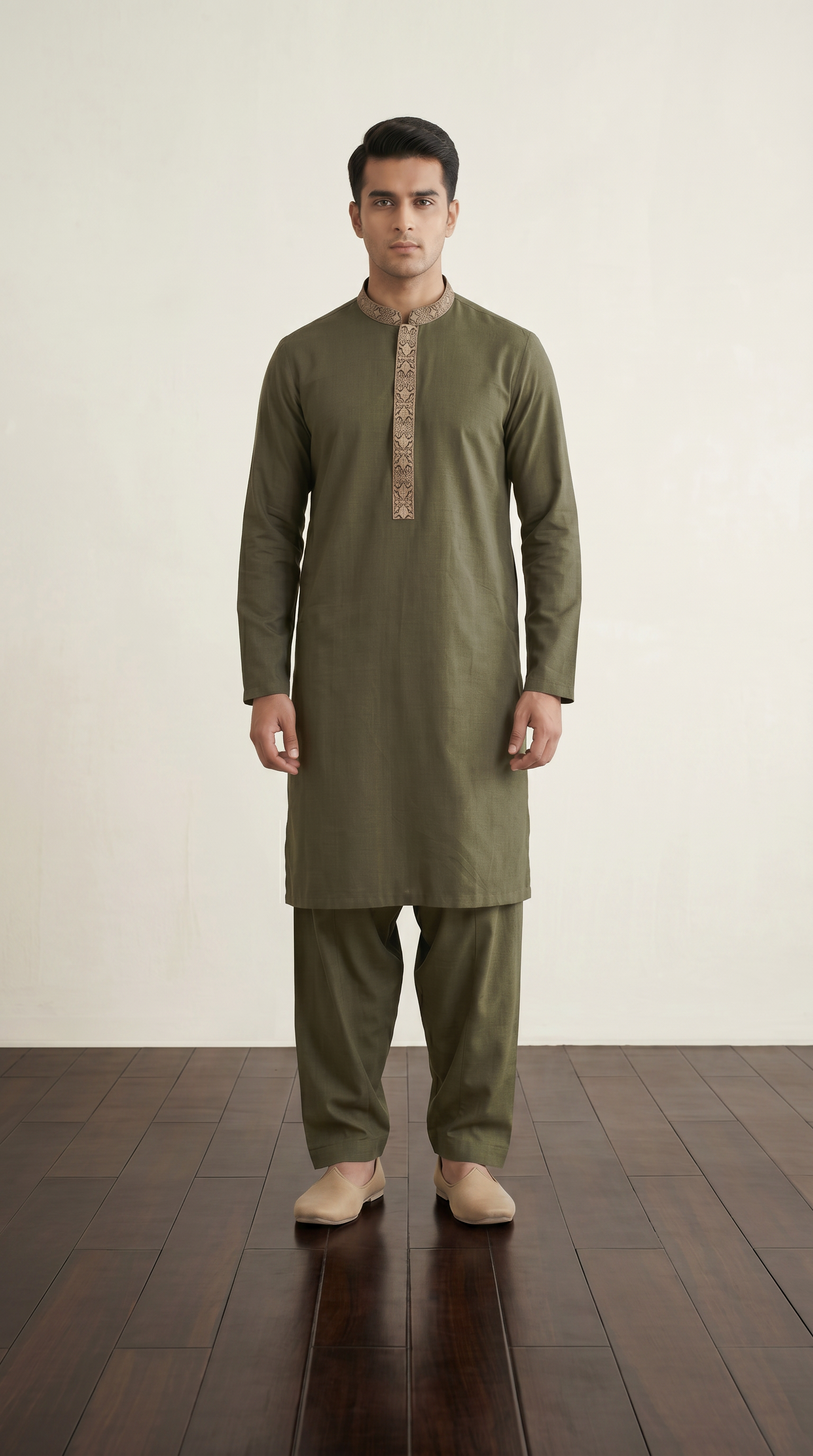 Men’s Mehndi Green Embroidered Shalwar Kameez
