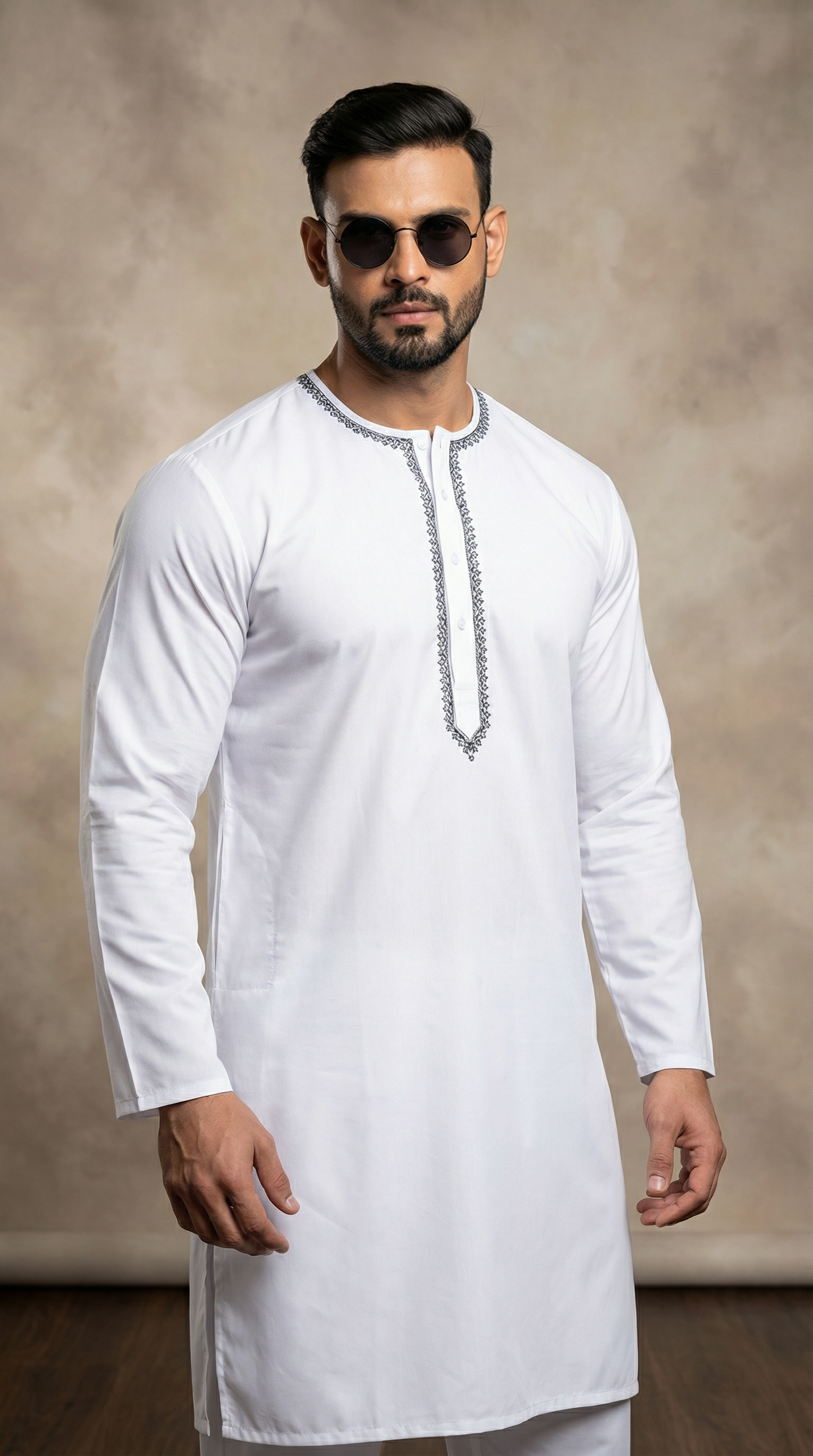 Men’s White Round Neck Embroidered Kurta Pyjama