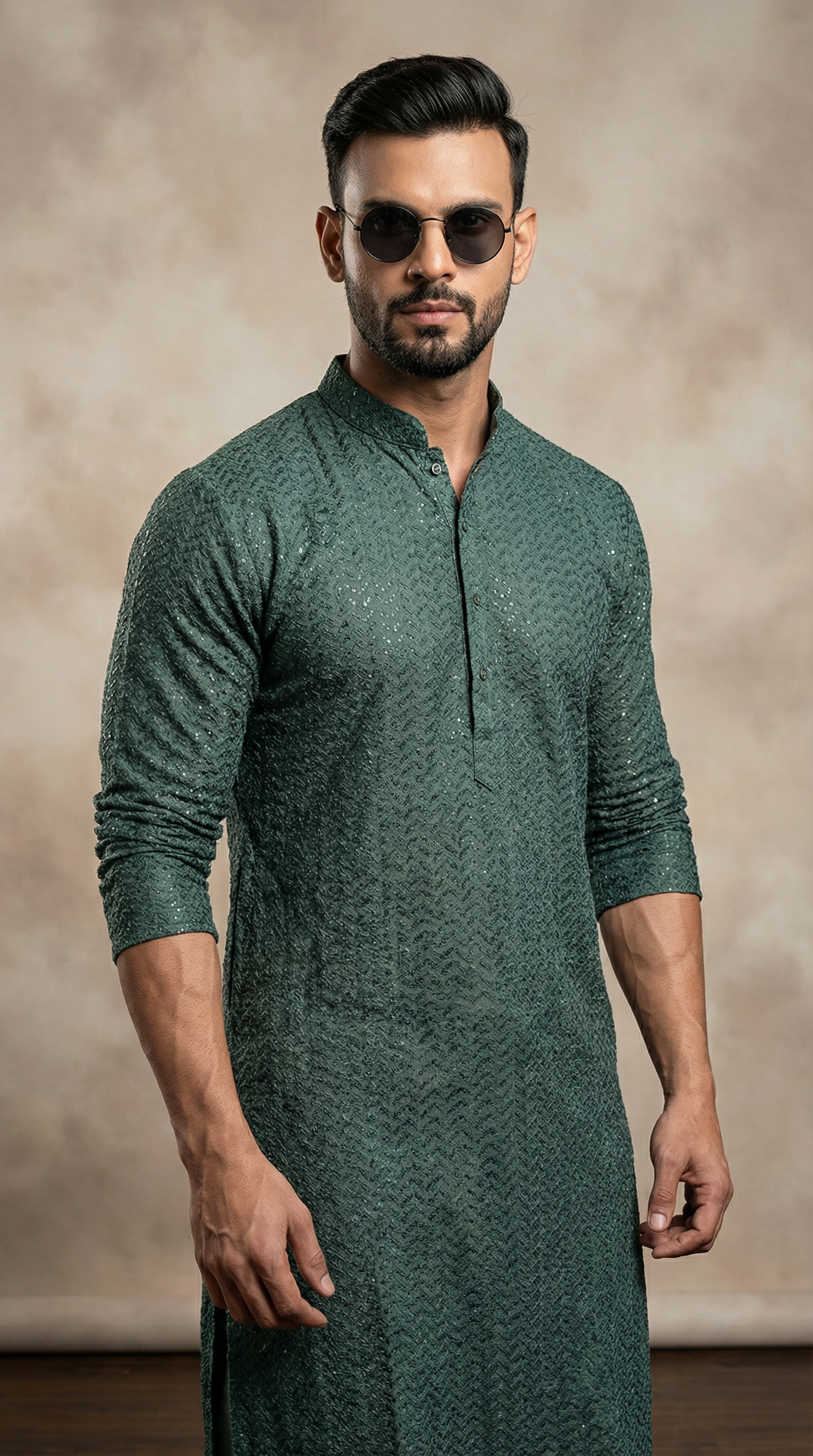 Men’s dark green chikankari shalwar kameez featuring premium textured fabric kameez with subtle chikankari embroidery, mandarin collar, and matching shalwar. Traditional men’s ethnic wear for weddings, Eid, festive occasions, and cultural celebrations.