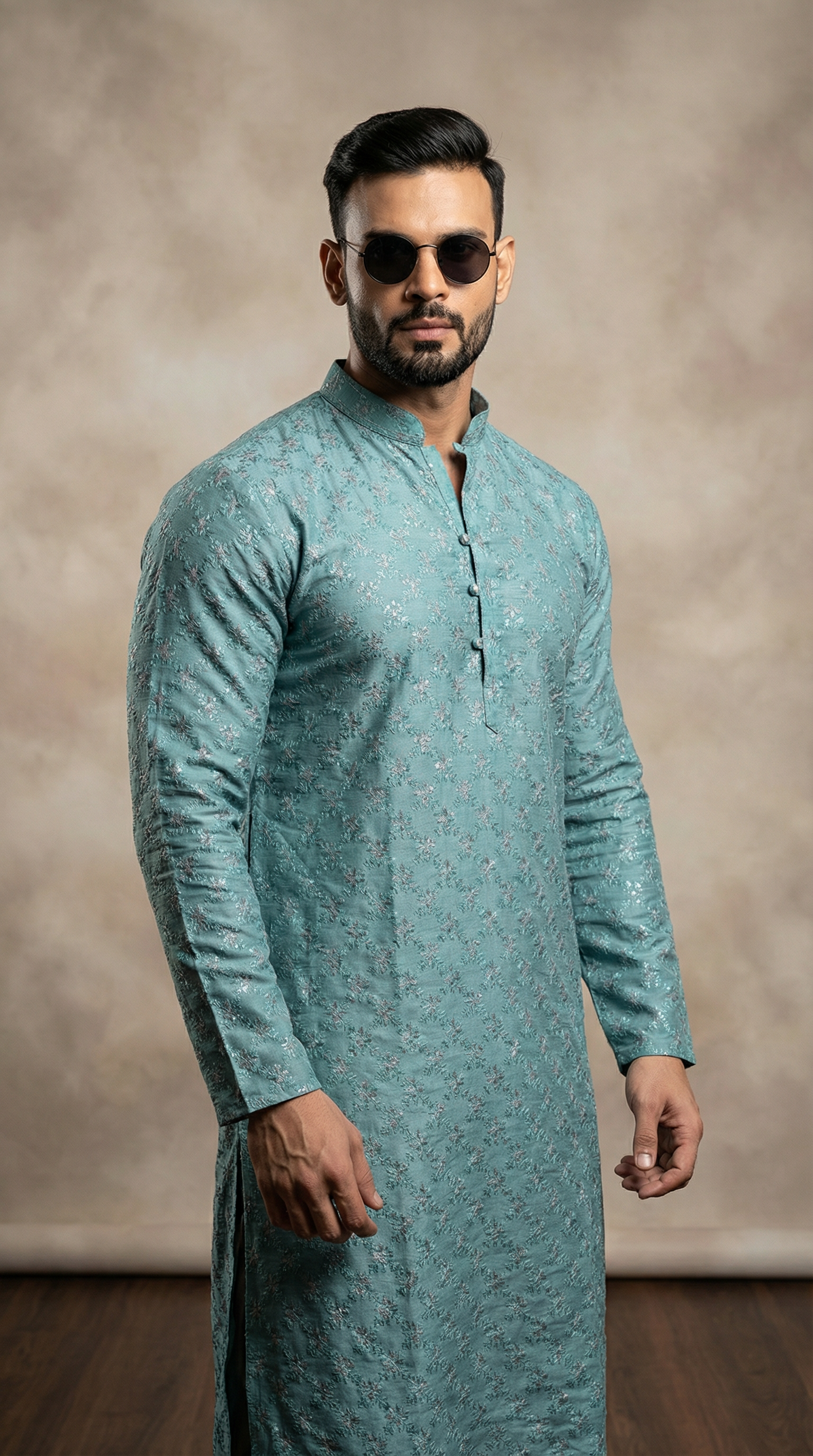Men’s teal jacquard kurta pyjama featuring premium textured fabric kurta with mandarin collar, subtle woven pattern, and matching pyjama. Traditional men’s ethnic wear for weddings, festive occasions, Eid, and cultural celebrations.