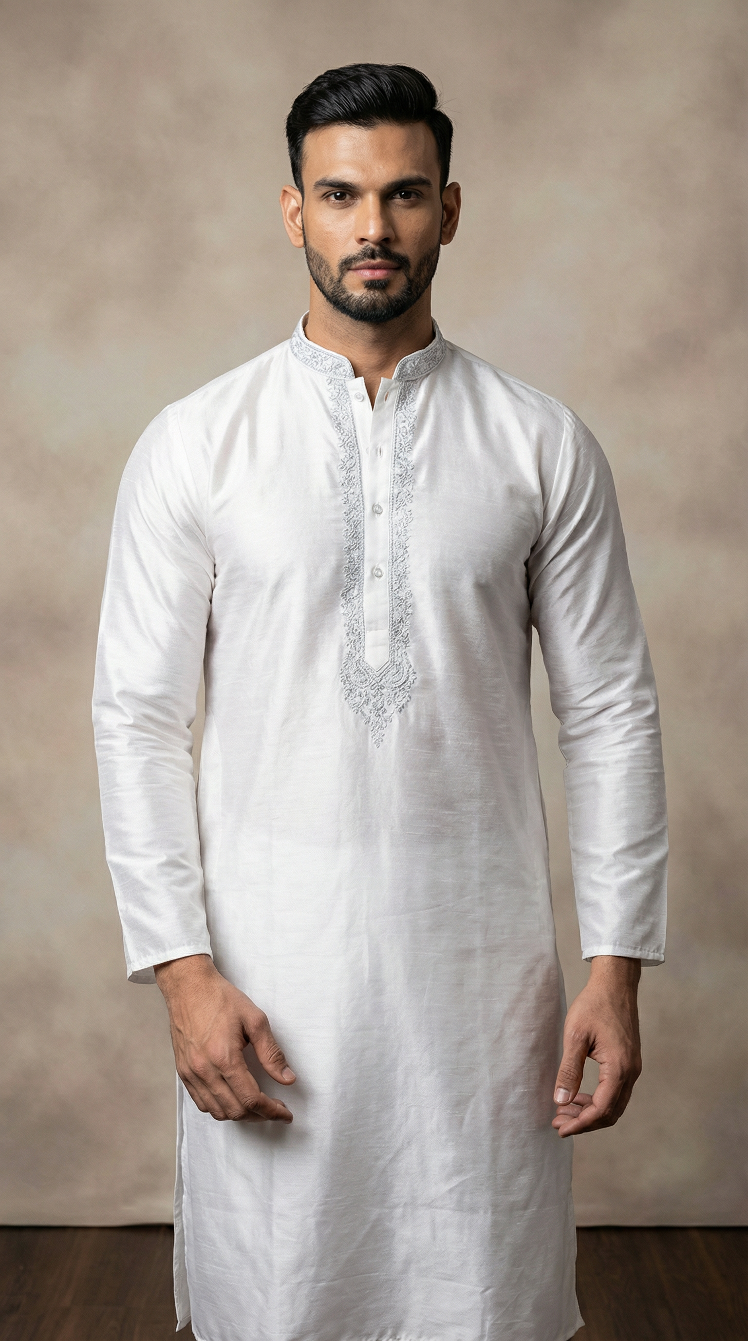 Men’s cream jacquard embroidered kurta pyjama featuring premium fabric kurta with embroidered neckline and matching pyjama, traditional ethnic wear for weddings, Eid, festive and formal occasions.