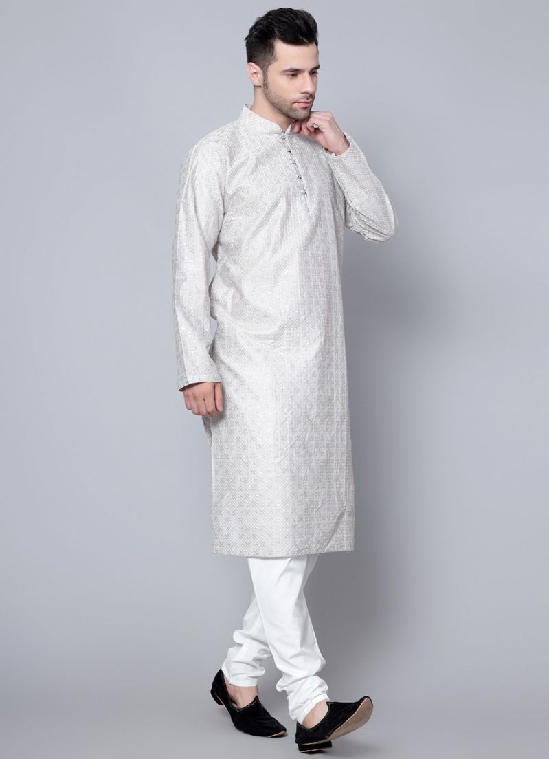 Buy Men's Steel Grey Chikankari Kurta Pajama Set