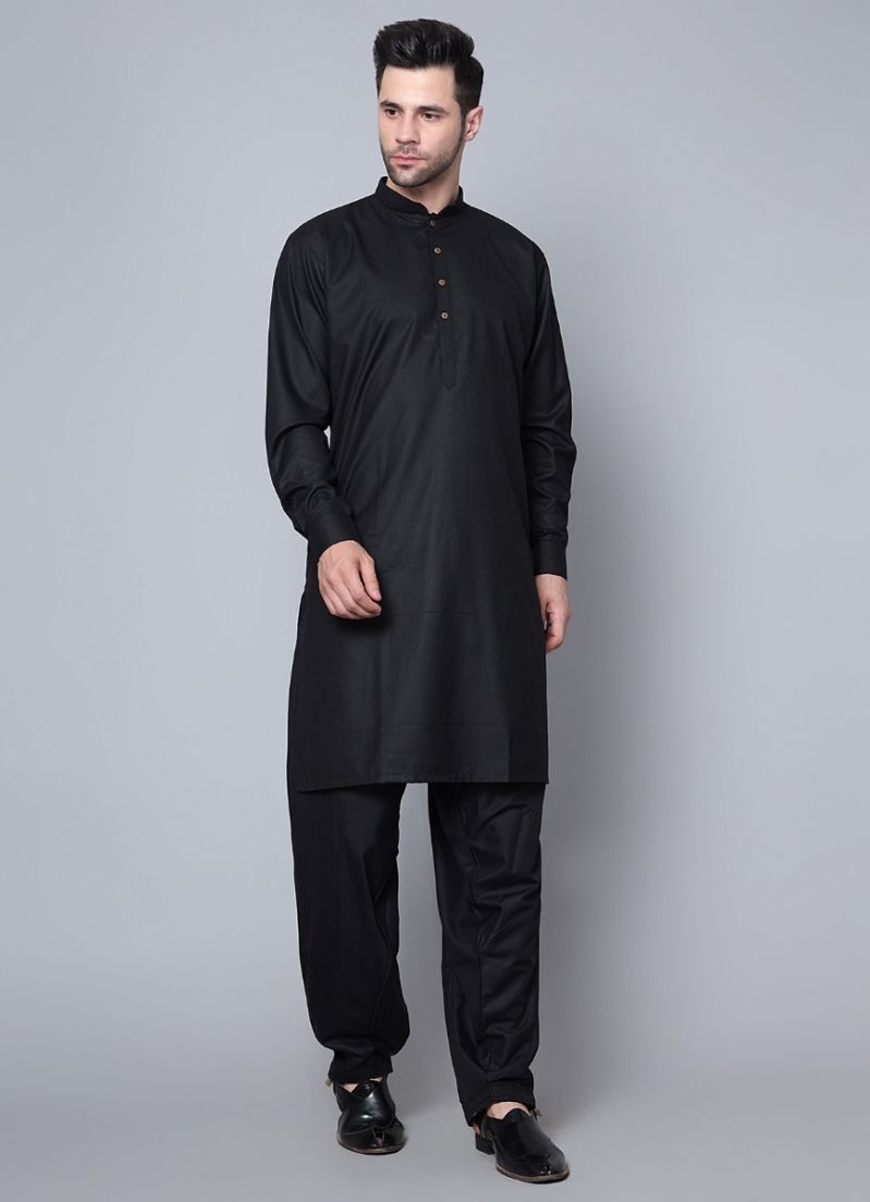 Buy Men's Plain Black Button Down Kurta Salwar Set