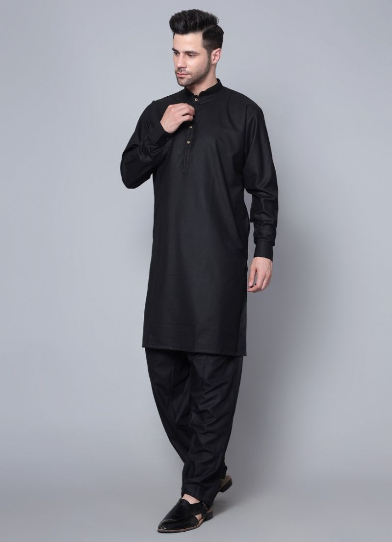 Buy Men's Plain Black Button Down Kurta Salwar Set