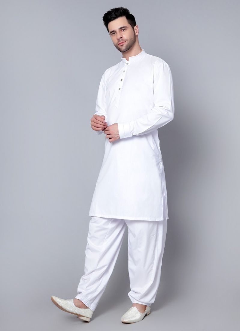 Buy Men's Plain White Button Down Kurta Salwar Set