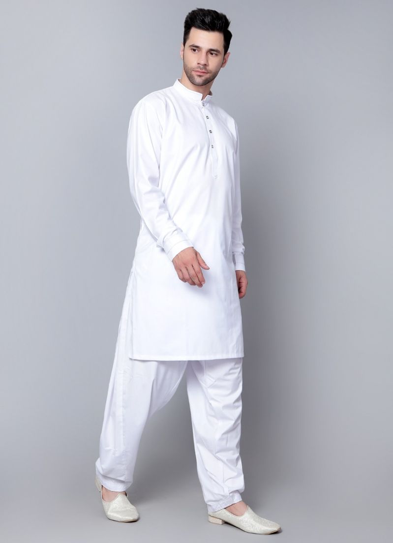 Buy Men's Plain White Button Down Kurta Salwar Set