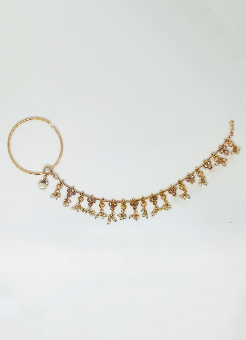 Antique Gold Nose Ring with Pearl Droplets