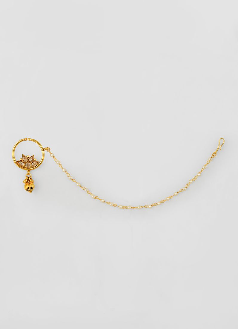 Single Pearl Chain Nath Gold Nose Ring