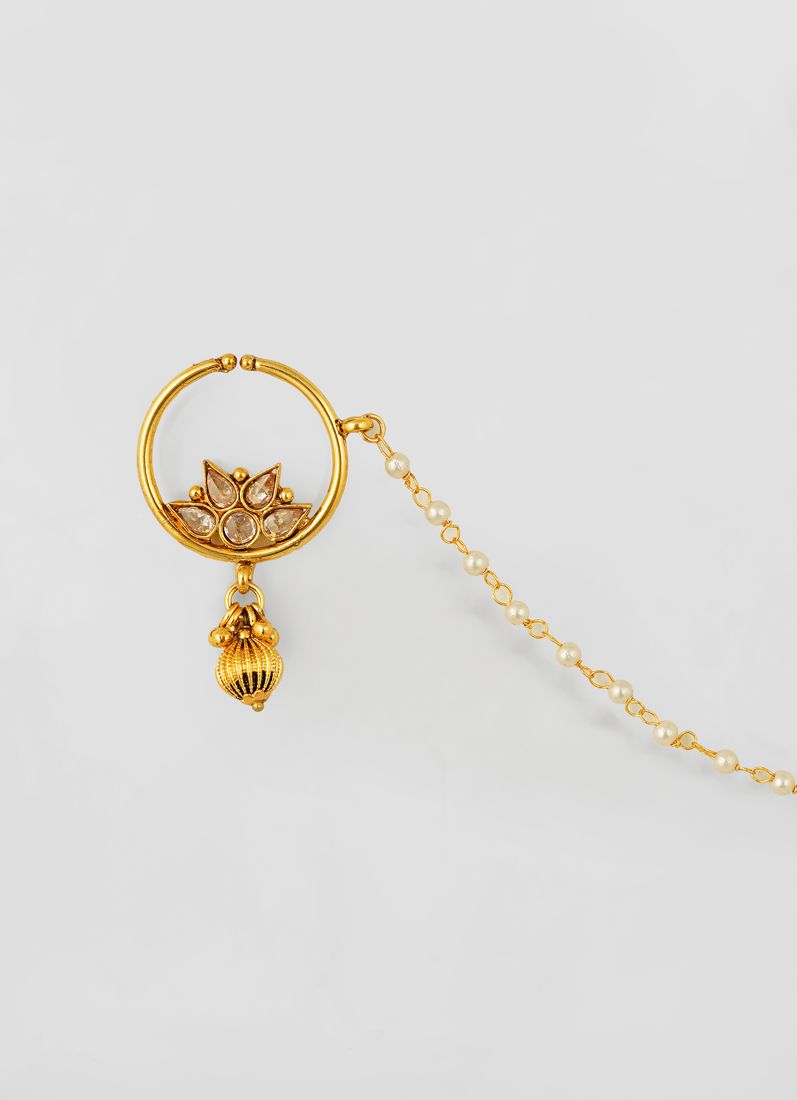 Buy Nickle Free Rounded Gold Single Pearl Chain Nose Ring