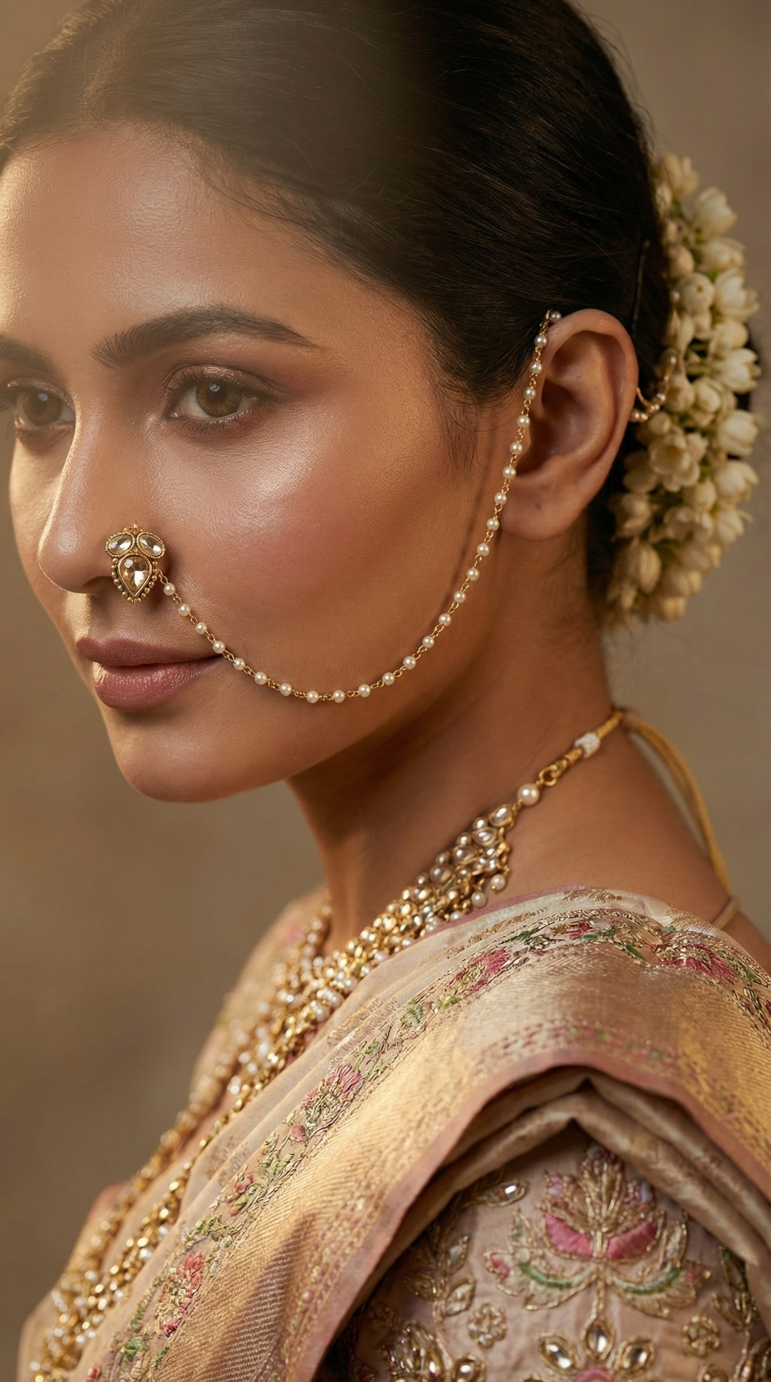 Pearl Chain Nath with clip on nose stud