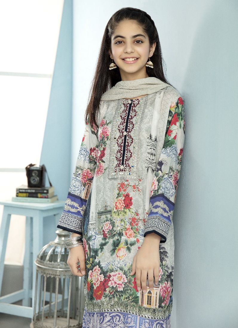 Buy Kids Grey Emroidered Lawn Suit Set