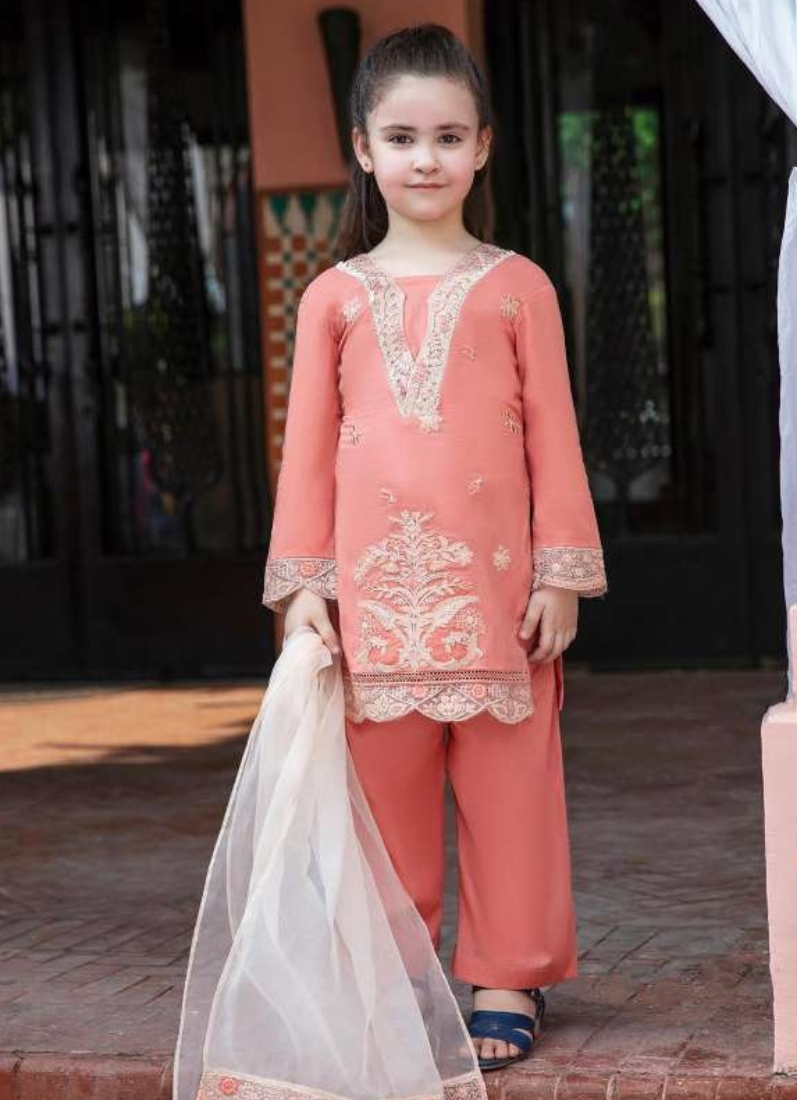 Buy Kids Peach Lawn Embroidered Suit Set