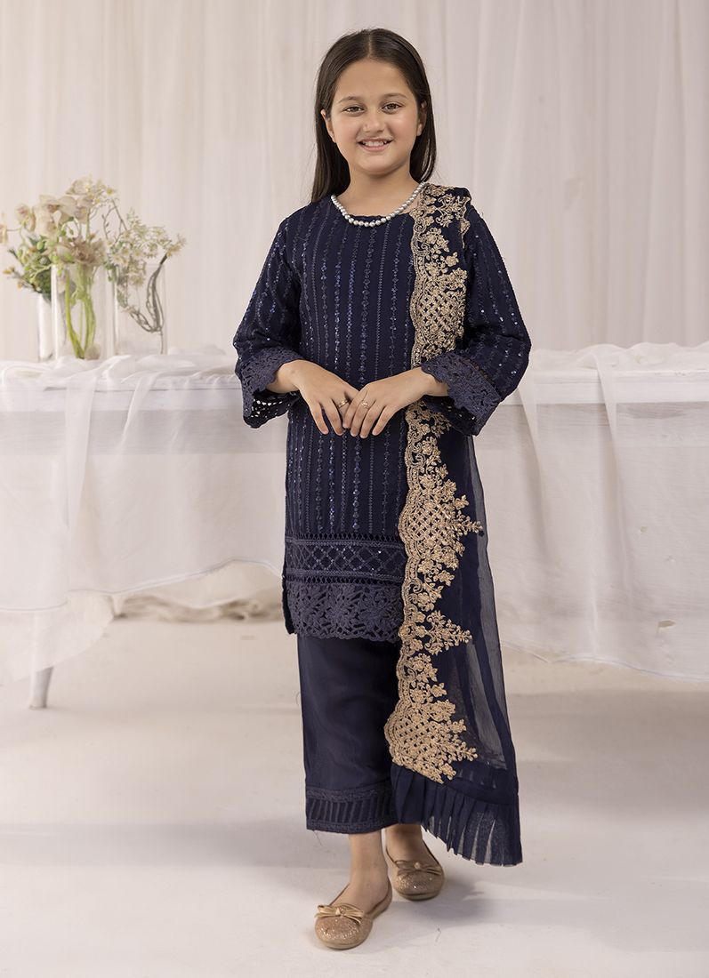 Buy Kid's Midnight Blue Chiffon Embroidered Straight Suit Set